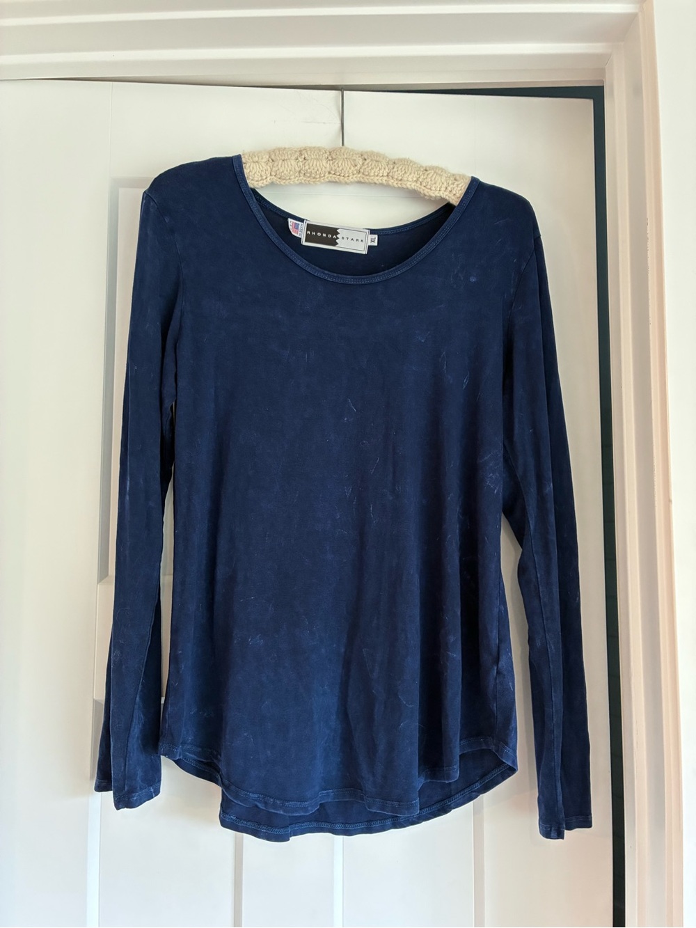 Rhonda Stark Western fringe Navy Long Sleeve Scoop Neck Top flowy XL USA Rodeo